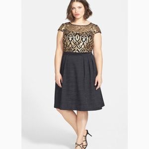 Blk + gold Faux Leather Illusion Fit & Flare Dress